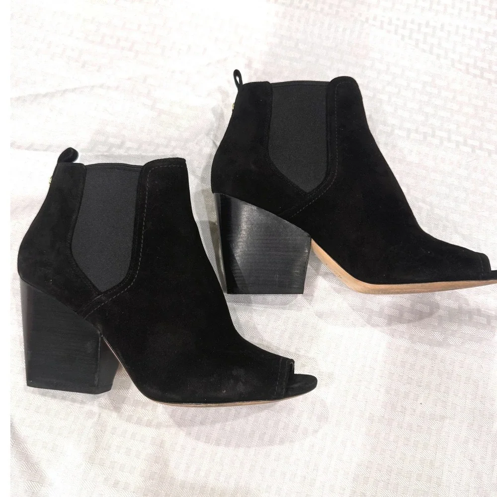 Tory Burch Black Suede Peep Toe Booties Women 8.5 Block Heel Chelsea Ankle Boots